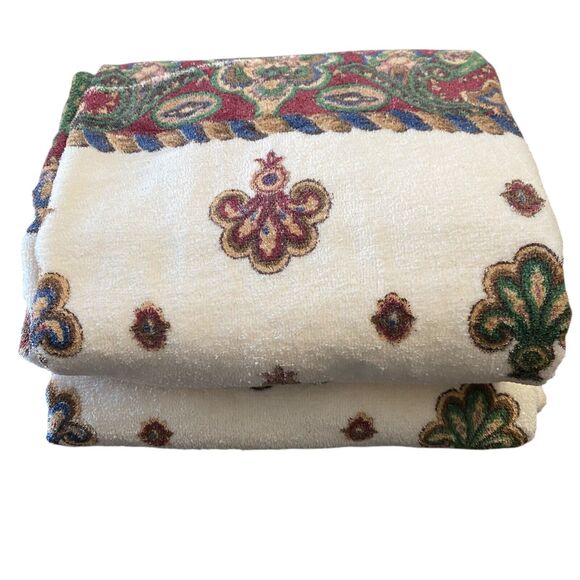 Vintage Springmaid Set Of 2 Bath Towels Geometric Print Cream Brown 25”x48” EUC! - Picture 1 of 8